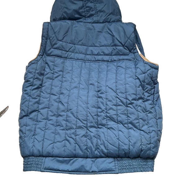 Vintage High Impact Puffer Vest w 1/2 Liner Blue & Tan Size M Mens Hood Snaps - Picture 6 of 8